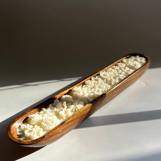 Flower topped - wooden bowl candle