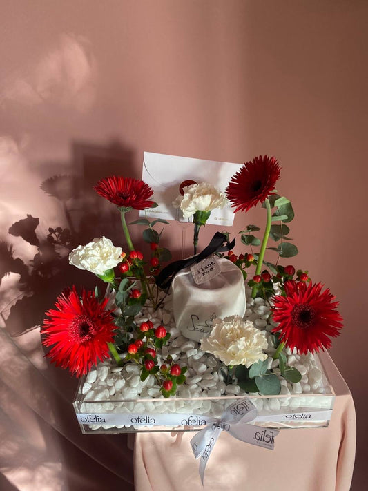 VALENTINE'S Red roses topper candle with acrylic tray flowers arrangement